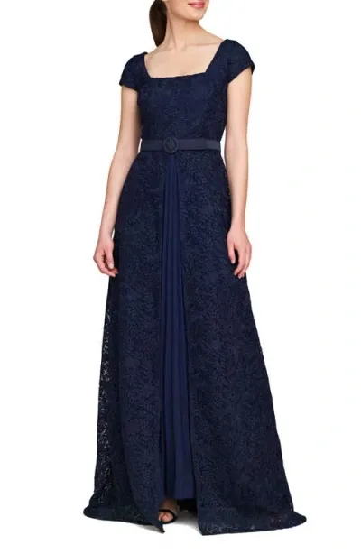 Kay Unger Claudia Belted Pleated Lace Gown In Midnight