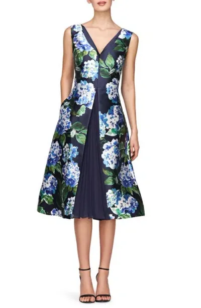 Kay Unger Giavanna Floral A-line Midi Dress In Midnight Blue