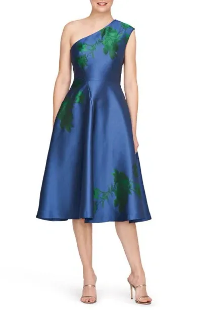 Kay Unger Leai Floral One-shoulder A-line Midi Dress In Denim