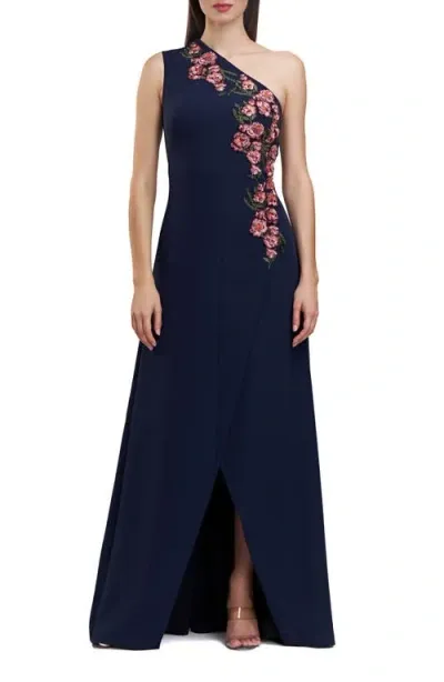 Kay Unger Nadine Floral Embroidered One-shoulder Gown In Midnight