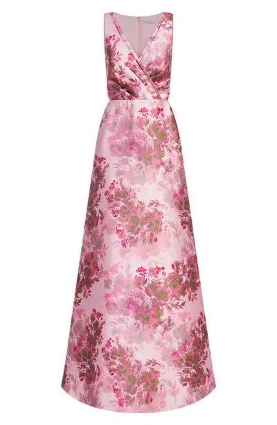 Kay Unger Opal Floral Pleated Surplice V-neck Satin Gown In Vivid Berry