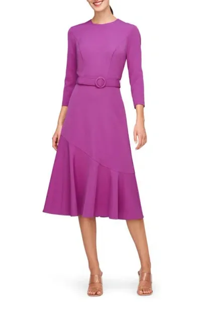 Kay Unger Polly Belted Three-quarter Sleeve Stretch Midi Dress In Cerise