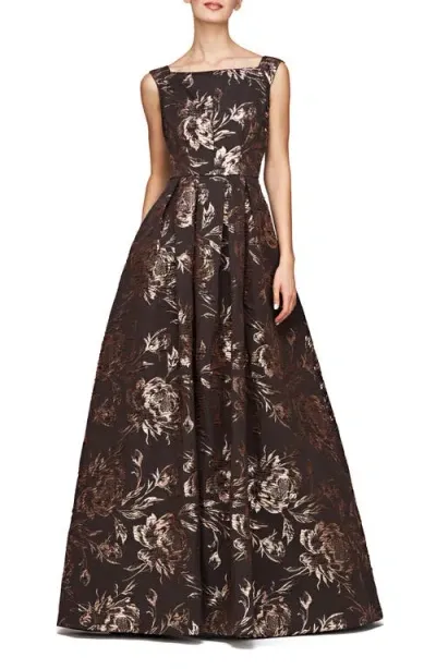 Kay Unger Theodora Metallic Floral Sleeveless Gown In Espresso