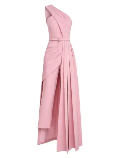 Kay Unger Theresa Belted One-shoulder Maxi Romper In Pink Mauve