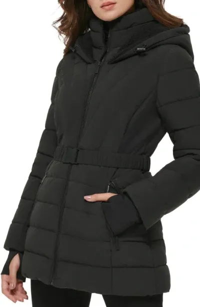 Kenneth Cole New York Berber Belted Stretch Water Resistant Hooded Puffer Jacket In Black