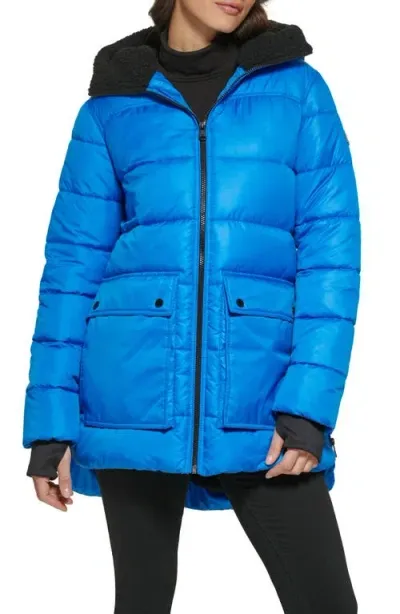 Kenneth Cole New York Faux Shearling Lined Hood Channel Quilted Puffer Parka Jacket In Aqua