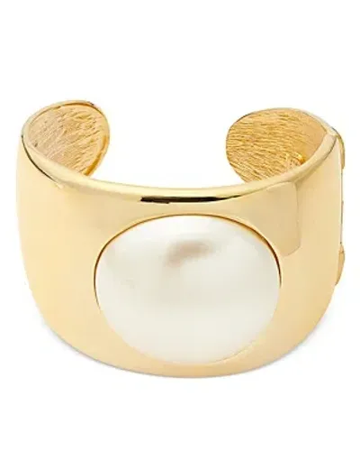 Kenneth Jay Lane Imitation Pearl Center Cuff Bracelet In White/gold