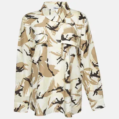 Pre-owned Kenzo Beige Camouflage Print Silk Blend Asymmetric Shirt S