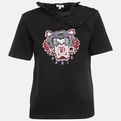 Pre-owned Kenzo Black Tiger Embroidered Cotton Ruffled T-shirt S