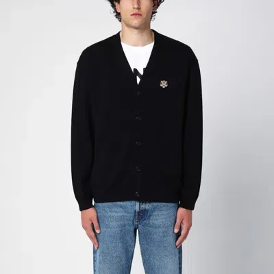 Kenzo Black Wool Cardigan With Logo Patch