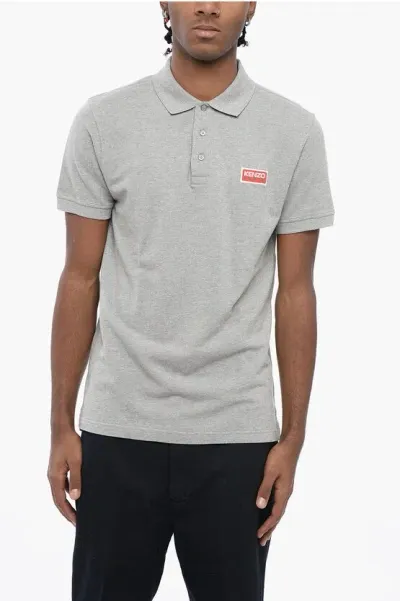 Kenzo Cotton Polo With Logo Patch In Gray