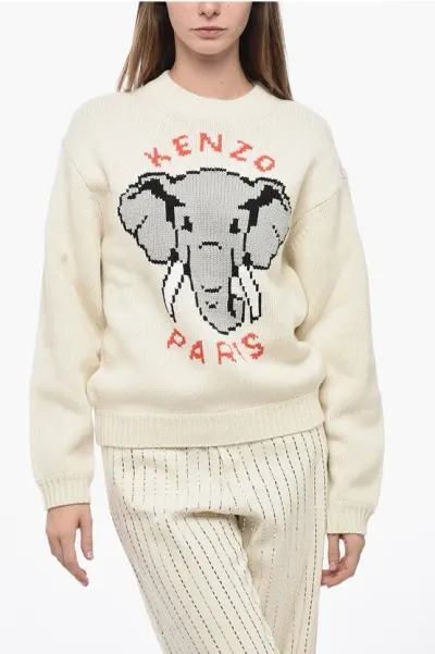 Kenzo Logo Intarsia Crewneck Jumper In White