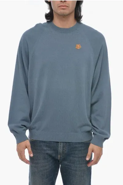 Kenzo Crew Neck Tiger Crest Cotton Sweater In Blue