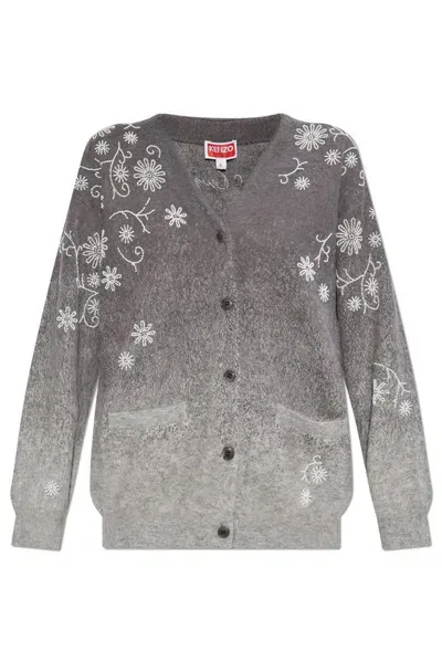 Kenzo Embellished Knitted Cardigan In Grey