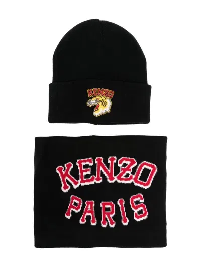 Kenzo Kids' Knitted Beanie Set (set Of Two) In Black