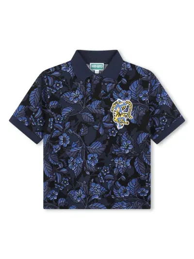 Kenzo Kids' Logo-appliqué Floral-print Polo Shirt In Blue