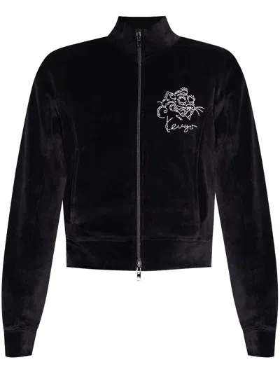 Kenzo Logo-embroidered Velvet Hoodie In Black