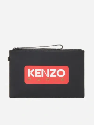 Kenzo Logo Leather Clutch Bag In Black