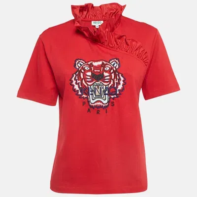 Pre-owned Kenzo Red Tiger Logo Embroidered Cotton Ruffle Neck T-shirt M