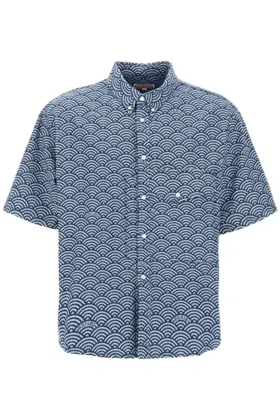 Kenzo Seigaiha Short-sleeved Denim Shirt In Blue