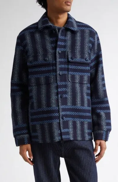 Kenzo Weave Virgin Wool Jacquard Overshirt In Navy Blue