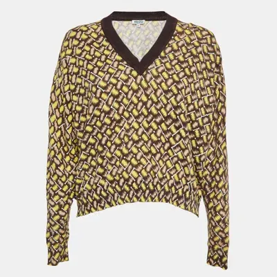 Pre-owned Kenzo Yellow Patterned Cotton Knit V-neck Sweater S