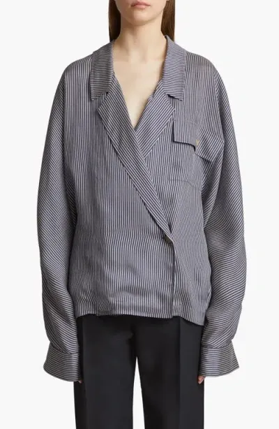 Khaite Garth Stripe Asymmetric Blazer In Navy / White