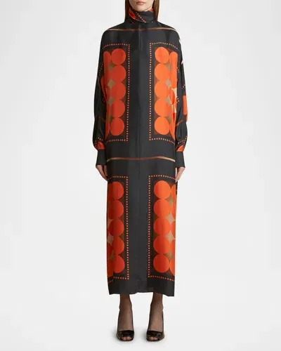 Khaite Lexi Scarf-neck Long-sleeve Maxi Silk Dress In Orange Multi