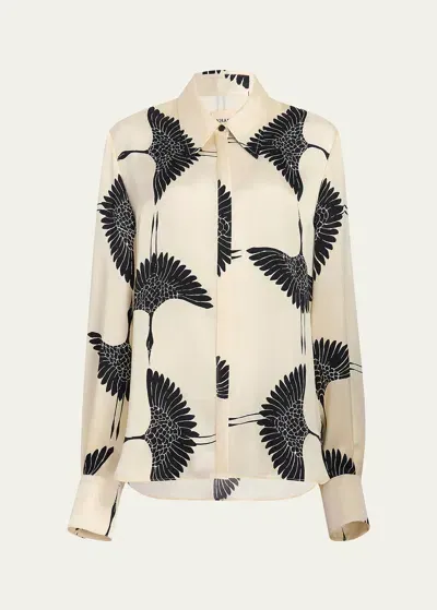 Khaite Minta Bird-print Collared Satin Top In Cream Black