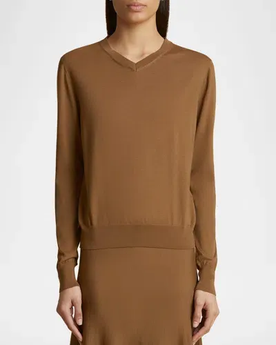 Khaite Senta V-neck Fine Merino Wool Sweater In Cafe