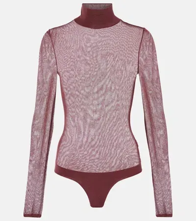 Khaite Tallin Turtleneck Sheer Mesh Bodysuit In Burgundy