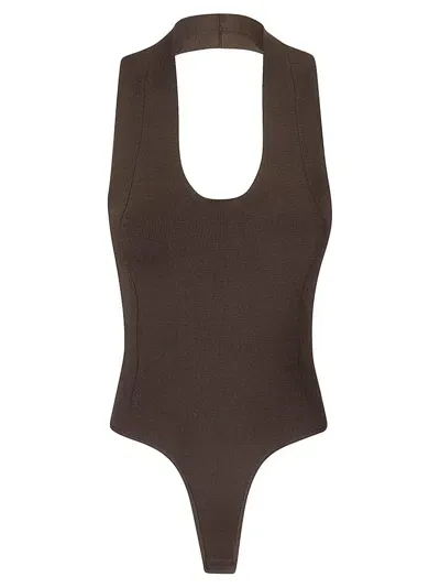 Khaite Toto Sleeveless Knitted Bodysuit In Brown