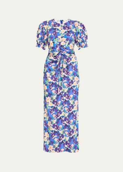 Kika Vargas Erin Abstract Floral Print Drawstring Ruched Midi Dress In Blue Pansy Tencel