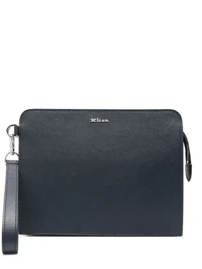 Kiton Logo-lettering Clutch Bag In Blue