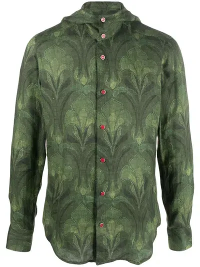 Kiton Mariano Floral-print Hooded Linen Shirt In Green