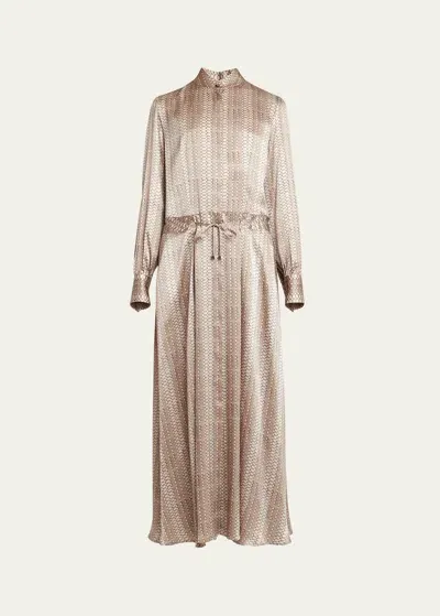 Kiton Printed Drawstring Silk Maxi Dress In Beige