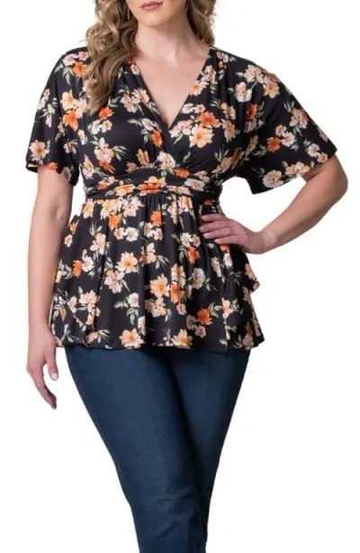 Kiyonna Encore Print Faux Wrap Top In Apricot Floral Print