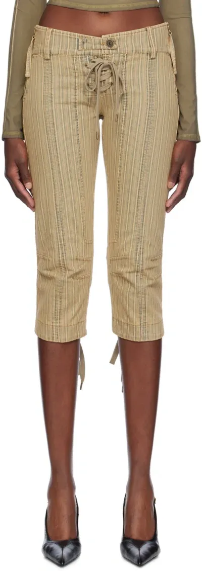 Knwls Khaki & Beige Striped Capri Denim Shorts In Tan Stripe