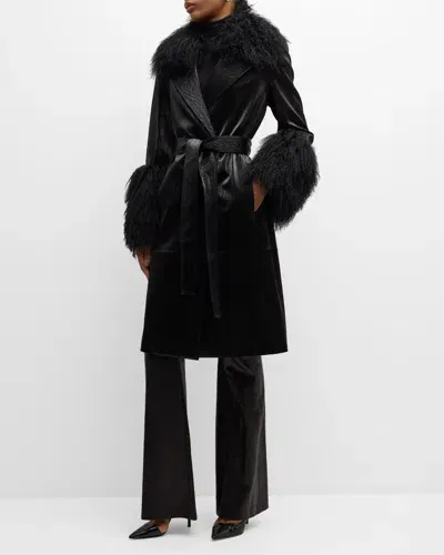 Kobi Halperin Viv Crinkled Shearling-trim Coat In Black