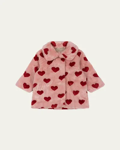 Konges Slojd Kids' Girl's Fuzzie Heart-print Coat In Coeur Mellow