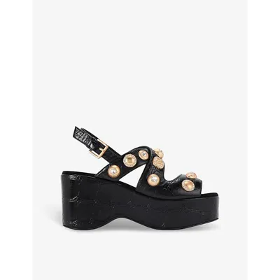 Kurt Geiger Womens  London Kensington Stud-embellished Wedge-heel Leather Sandals In Blk/other