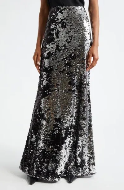 L Agence L'agence Zeta Sequin Maxi Skirt In Silver/black Sequin