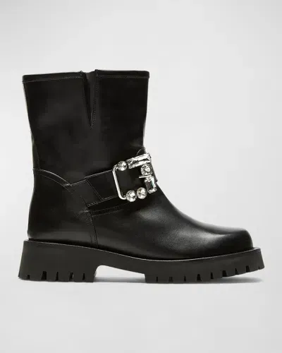 La Canadienne Bronwin Leather Crystal-buckle Moto Boots In Black