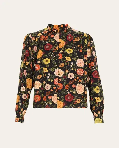 La Doublej Atelier Floral Funnel-neck Silk Blouse In Black