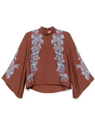 La Doublej Make An Exit Printed Silk-twill Top In Dark Brown