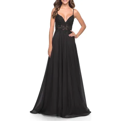 La Femme A-line Gown With Sheer Floral Embellished Bodice In Black