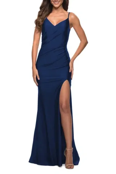 La Femme Diagonal Ruched Jersey Gown With V Neckline In Navy