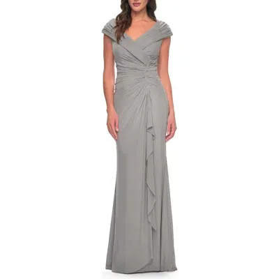 La Femme Elegant Net Jersey Long Gown With Ruching In Silver