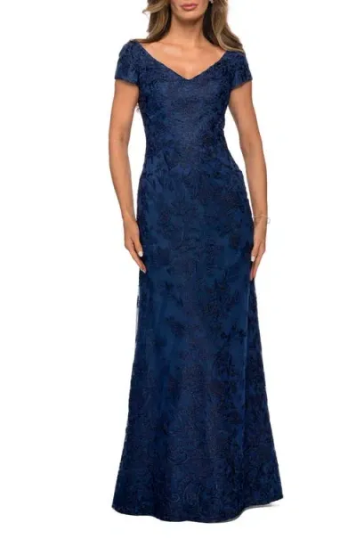 La Femme Lace Evening Gown With Cap Sleeves And V-neck In Navy