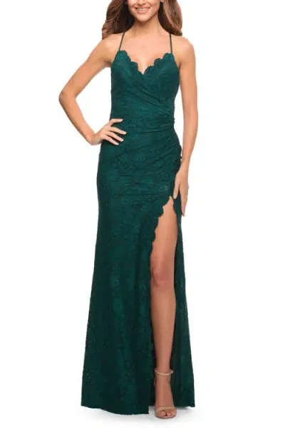 La Femme Lace Long Dress With Scallop Detail On Skirt Slit In Dark Emerald